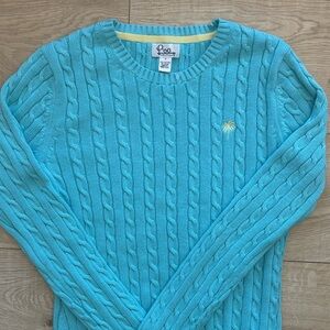 Lilly Pulitzer Teal Cable Knit Crewneck Sweater Blue Cotton Preppy Gloria